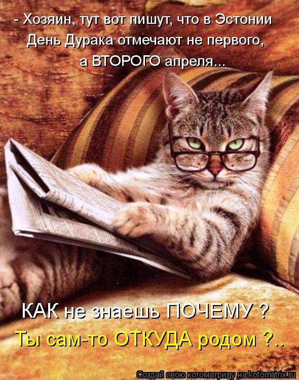 День Дурака отмечают не первого, а ВТОРОГО апреля... - Хозяин, тут вот пишут, что в Эстонии КАК не зн... Котоматрица: День Дурака отмечают не первого, а ВТОРОГО апреля... - Хозяин, тут вот пишут, что в Эстонии КАК не знаешь ПОЧЕМУ ? Ты сам-то ОТКУДА родом ?..