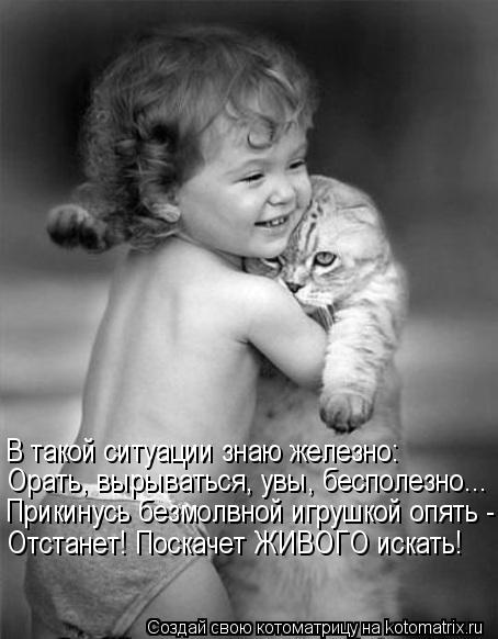 Котоматрица: В такой ситуации знаю железно: Орать, вырываться, увы, бесполезно... Прикинусь безмолвной игрушкой опять - Отстанет! Поскачет ЖИВОГО искать!
