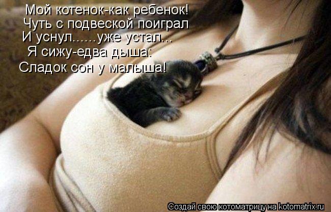 Котоматрица: Мой котенок-как ребенок! Чуть с подвеской поиграл И уснул......уже устал... Я сижу-едва дыша: Сладок сон у малыша!