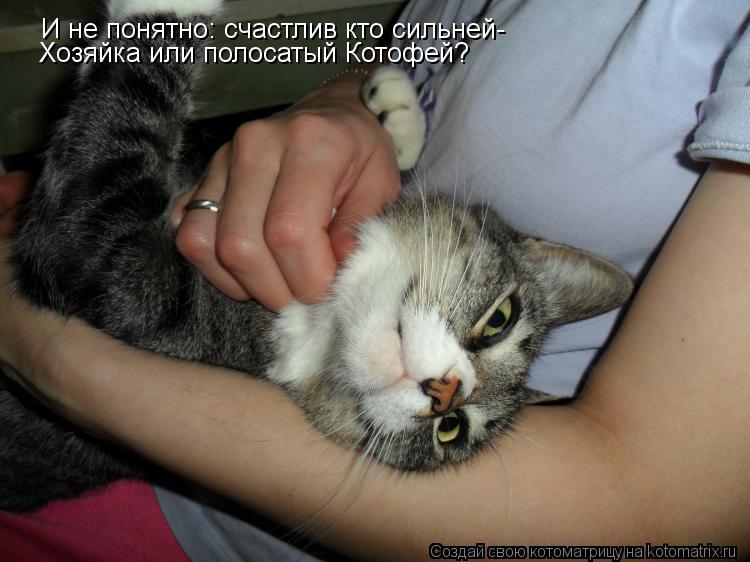 Котоматрица: И не понятно: счастлив кто сильней- Хозяйка или полосатый Котофей?