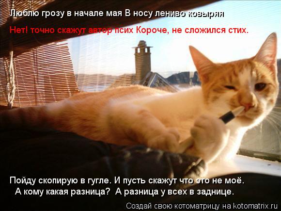 «Люблю грозу в начале мая В носу лениво ковыряя» Нет! точно скажут автор псих Короче, не сложился ст... Котоматрица: «Люблю грозу в начале мая В носу лениво ковыряя» Нет! точно скажут автор псих Короче, не сложился стих… Пойду скопирую в гугле… И пусть ск