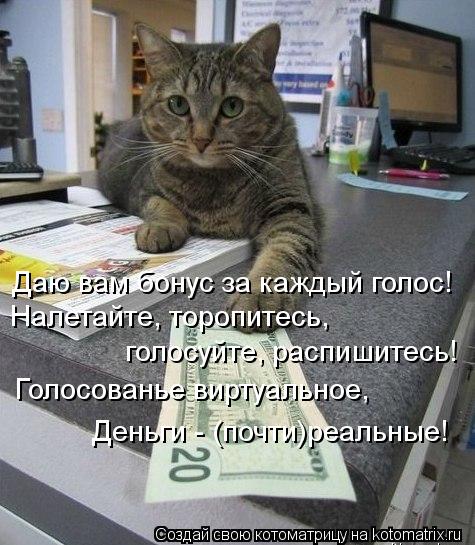 Котоматрица: Даю вам бонус за каждый голос! Налетайте, торопитесь,  голосуйте, распишитесь! Голосованье виртуальное,  Деньги - (почти)реальные!