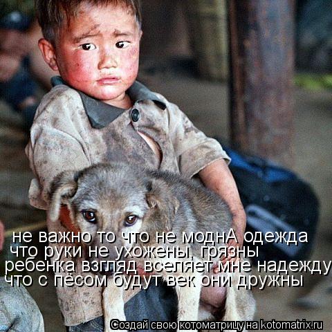 Котоматрица: не важно то что не моднА одежда что руки не ухожены, грязны ребенка взгляд вселяет мне надежду что с пёсом будут век они дружны