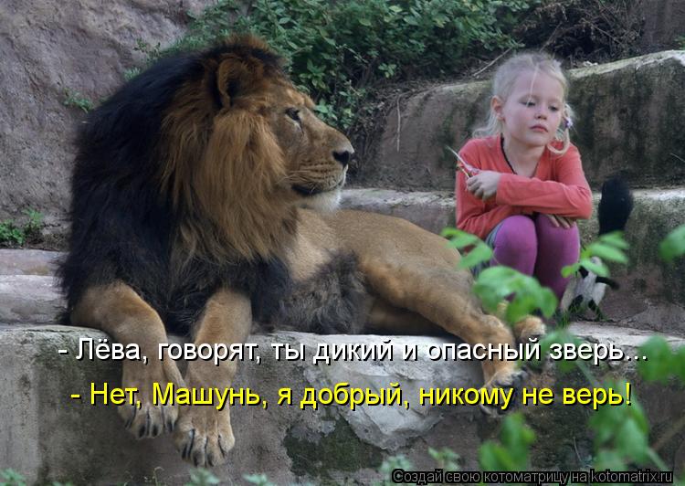 - Лёва, говорят, ты дикий и опасный зверь... - Нет, Машунь, я добрый, никому не верь!... Котоматрица: - Лёва, говорят, ты дикий и опасный зверь... - Нет, Машунь, я добрый, никому не верь!