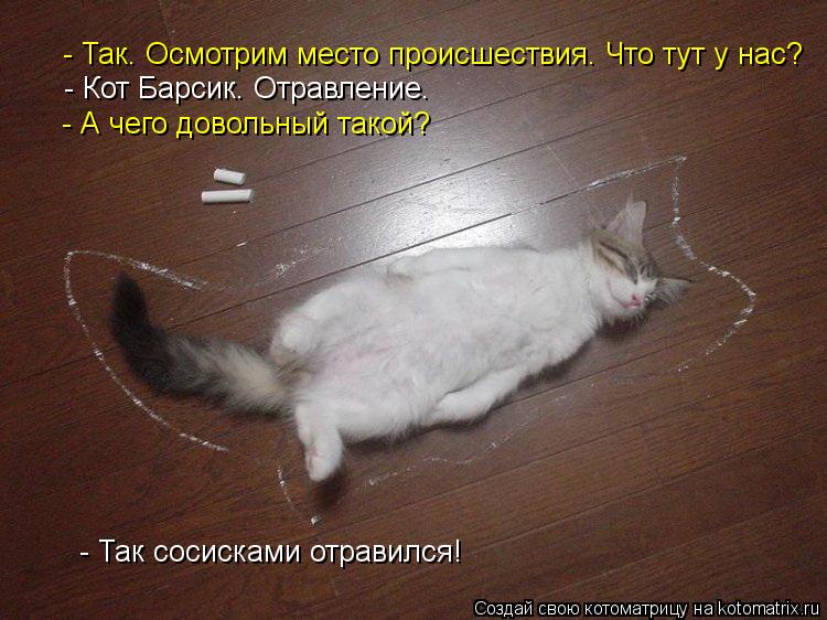 - Кот Барсик. Отравление. - Так. Осмотрим место происшествия. Что тут у нас? - А чего довольный такой... Котоматрица: - Кот Барсик. Отравление. - Так. Осмотрим место происшествия. Что тут у нас? - А чего довольный такой? - Так сосисками отравился!