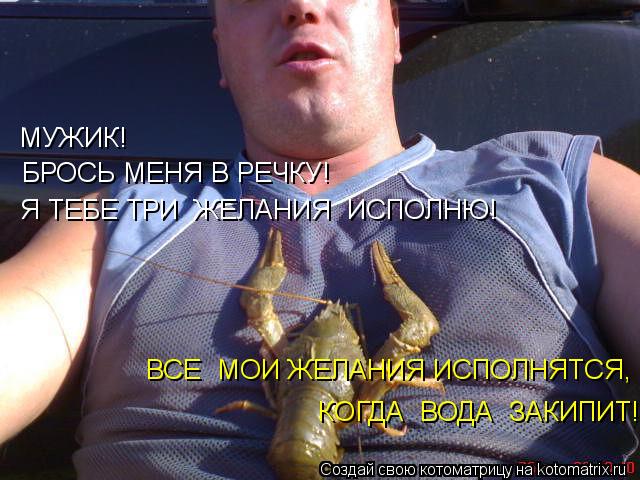 БРОСЬ МЕНЯ В РЕЧКУ! МУЖИК! Я ТЕБЕ ТРИ ЖЕЛАНИЯ ИСПОЛНЮ! ВСЕ МОИ ЖЕЛАНИЯ ИСПОЛНЯТСЯ, КОГДА ВОДА ЗА... Котоматрица: БРОСЬ МЕНЯ В РЕЧКУ! МУЖИК! Я ТЕБЕ ТРИ ЖЕЛАНИЯ ИСПОЛНЮ! ВСЕ МОИ ЖЕЛАНИЯ ИСПОЛНЯТСЯ, КОГДА ВОДА ЗАКИПИТ!