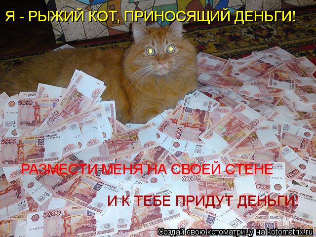 Я - РЫЖИЙ КОТ, ПРИНОСЯЩИЙ ДЕНЬГИ! РАЗМЕСТИ МЕНЯ НА СВОЕЙ СТЕНЕ И К ТЕБЕ ПРИДУТ ДЕНЬГИ!... Котоматрица: Я - РЫЖИЙ КОТ, ПРИНОСЯЩИЙ ДЕНЬГИ! РАЗМЕСТИ МЕНЯ НА СВОЕЙ СТЕНЕ И К ТЕБЕ ПРИДУТ ДЕНЬГИ!