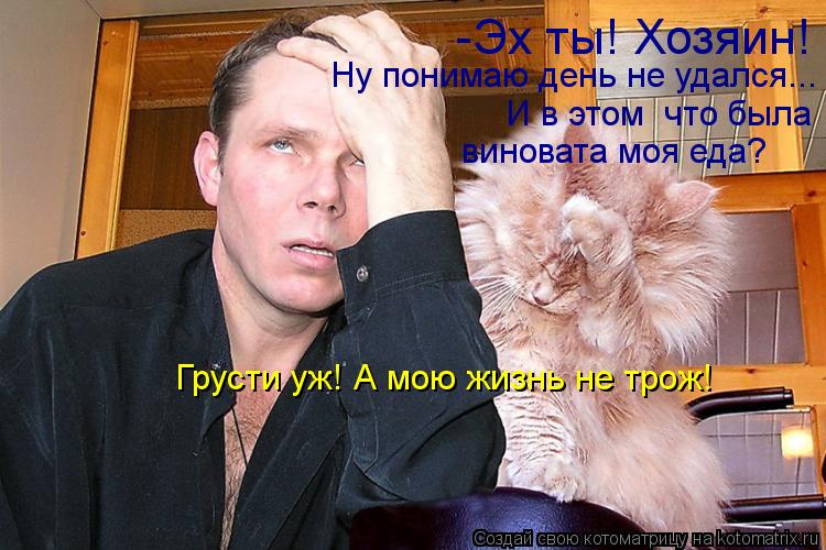 -Эх ты! Хозяин! Ну понимаю день не удался... И в этом что была виновата моя еда? Грусти уж! А мою жи... Котоматрица: -Эх ты! Хозяин! Ну понимаю день не удался... И в этом что была виновата моя еда? Грусти уж! А мою жизнь не трож!