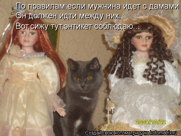 По правилам:если мужчина идет с дамами Он должен идти между них. Вот,сижу тут,энтикет соблюдаю...... Котоматрица: По правилам:если мужчина идет с дамами Он должен идти между них. Вот,сижу тут,энтикет соблюдаю...