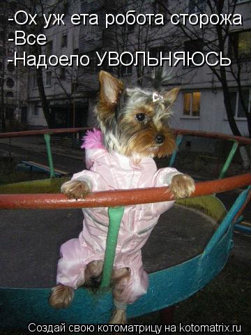 Котоматрица: -Ох уж ета робота сторожа  -Все -Надоело УВОЛЬНЯЮСЬ