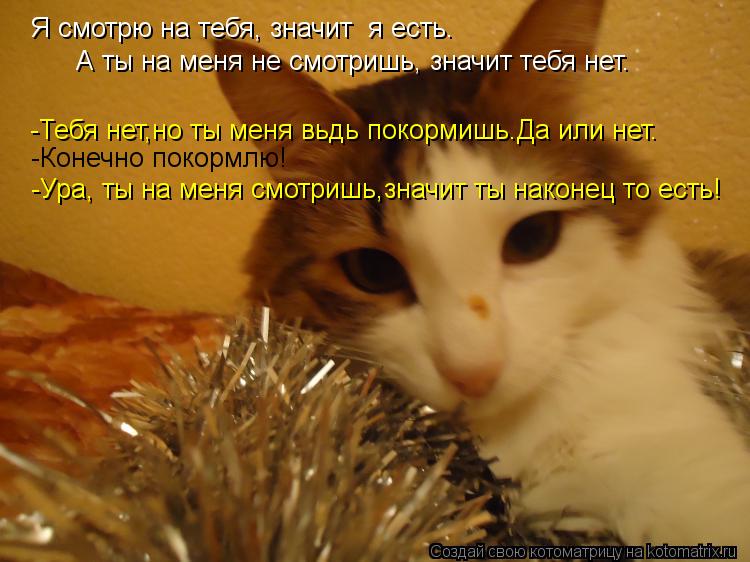 Я смотрю на тебя, значит я есть. А ты на меня не смотришь, значит тебя нет. -Тебя нет,но ты меня вьд... Котоматрица: Я смотрю на тебя, значит я есть. А ты на меня не смотришь, значит тебя нет. -Тебя нет,но ты меня вьдь покормишь.Да или нет. -Конечно покормлю! -У