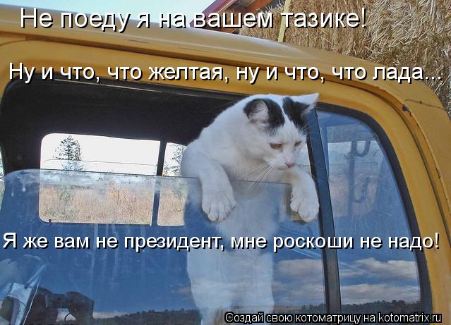 Не поеду я на вашем тазике! Ну и что, что желтая, ну и что, что лада... Я же вам не президент, мне р... Котоматрица: Не поеду я на вашем тазике! Ну и что, что желтая, ну и что, что лада... Я же вам не президент, мне роскоши не надо!