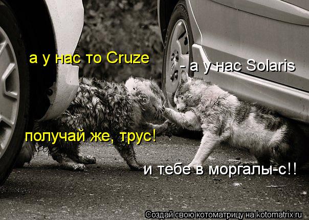 - а у нас Solaris а у нас то Cruze получай же, трус! и тебе в моргалы-с!!... Котоматрица: - а у нас Solaris а у нас то Cruze получай же, трус! и тебе в моргалы-с!!
