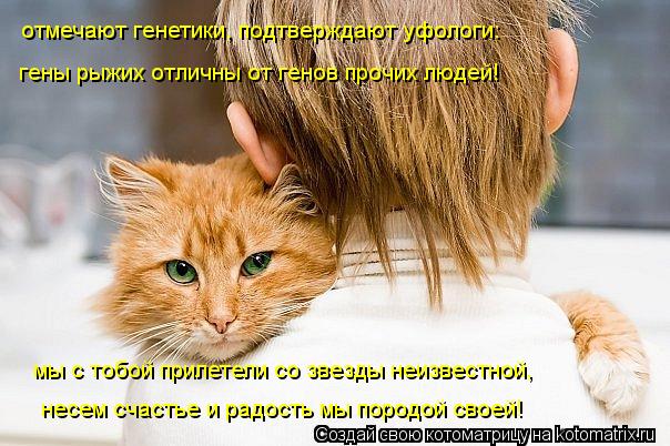 отмечают генетики, подтверждают уфологи: гены рыжих отличны от генов прочих людей! мы с тобой прилете... Котоматрица: отмечают генетики, подтверждают уфологи: гены рыжих отличны от генов прочих людей! мы с тобой прилетели со звезды неизвестной, несем счасть