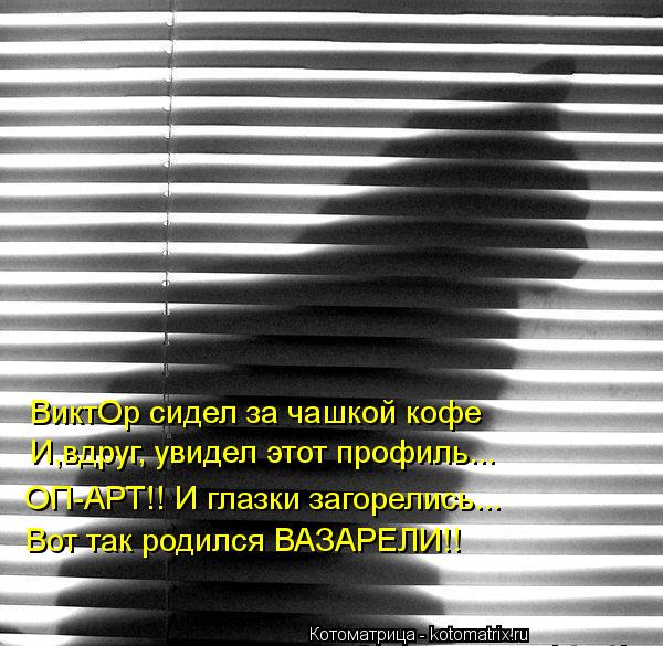 ВиктОр сидел за чашкой кофе И,вдруг, увидел этот профиль... ОП-АРТ!! И глазки загорелись... Вот так р... Котоматрица: ВиктОр сидел за чашкой кофе И,вдруг, увидел этот профиль... ОП-АРТ!! И глазки загорелись... Вот так родился ВАЗАРЕЛИ!!