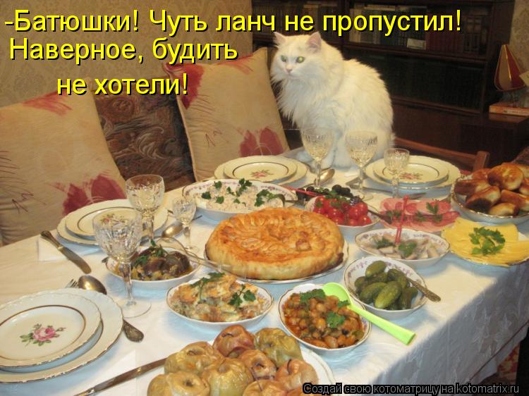 Котоматрица: -Батюшки! Чуть ланч не пропустил! Наверное, будить  не хотели!
