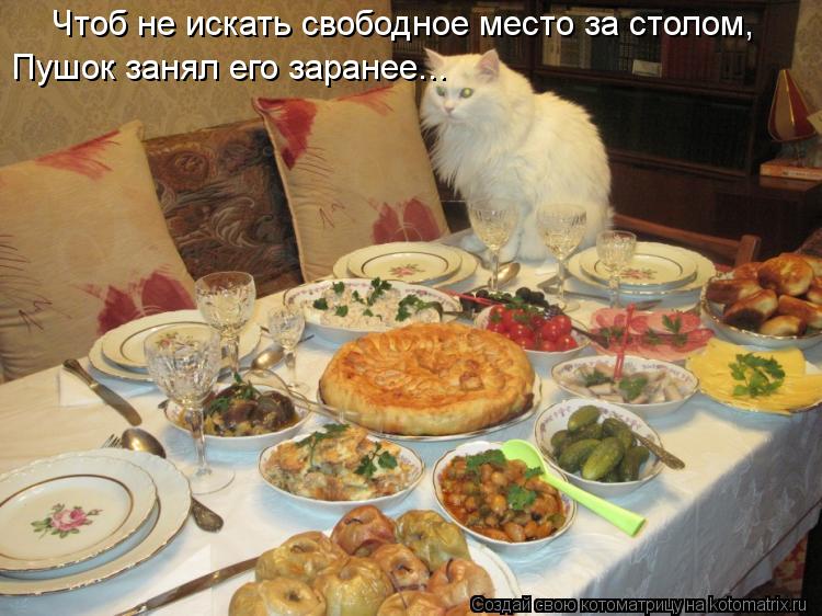 Котоматрица: Чтоб не искать свободное место за столом, Пушок занял его заранее...