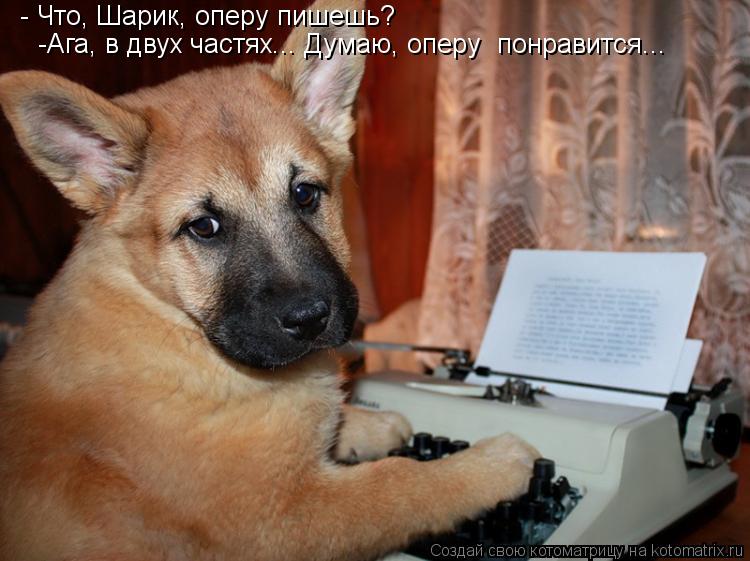 - Что, Шарик, оперу пишешь? -Ага, в двух частях... Думаю, оперу понравится...... Котоматрица: - Что, Шарик, оперу пишешь? -Ага, в двух частях... Думаю, оперу понравится...