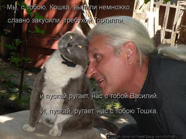 Мы, с тобою, Кошка, выпили немножко, славно закусили, требухой Тортилли, и пускай ругает, нас с тобой... Котоматрица: Мы, с тобою, Кошка, выпили немножко, славно закусили, требухой Тортилли, и пускай ругает, нас с тобой Василий. И, пускай, ругает, нас с тобою То