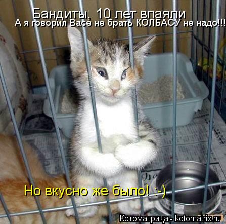 Бандиты, 10 лет впаяли . А я говорил Васе не брать КОЛБАСУ не надо!!! Но вкусно же было! :-)... Котоматрица: Бандиты, 10 лет впаяли . А я говорил Васе не брать КОЛБАСУ не надо!!! Но вкусно же было! :-)