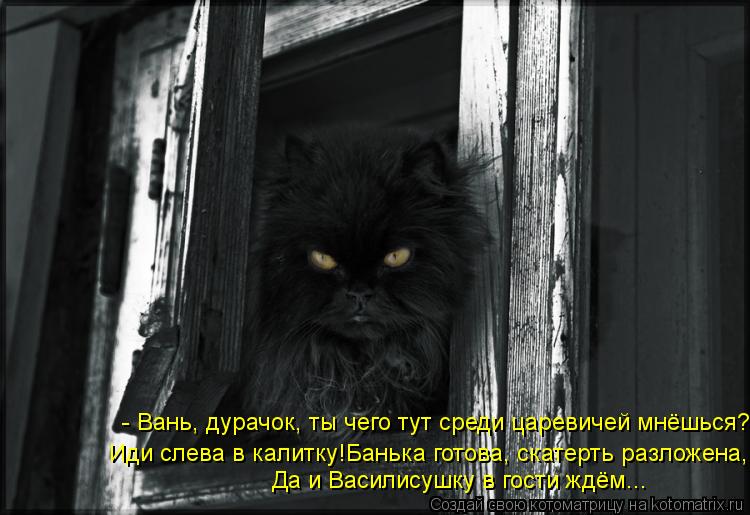 - Вань, дурачок, ты чего тут среди царевичей мнёшься? Иди слева в калитку!Банька готова, скатерть раз... Котоматрица: - Вань, дурачок, ты чего тут среди царевичей мнёшься? Иди слева в калитку!Банька готова, скатерть разложена, Да и Василисушку в гости ждём...