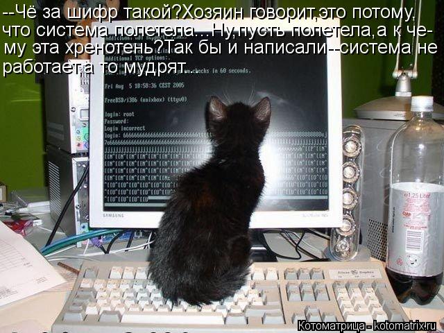 --Чё за шифр такой?Хозяин говорит,это потому, что система полетела...Ну,пусть полетела,а к че- му эта... Котоматрица: --Чё за шифр такой?Хозяин говорит,это потому, что система полетела...Ну,пусть полетела,а к че- му эта хренотень?Так бы и написали--система не ра