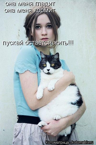 она меня гладит она меня кормит пускай остаётся жить!!! она меня гладит... Котоматрица: она меня гладит она меня кормит пускай остаётся жить!!! она меня гладит