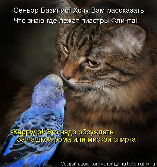 -Сеньор Базилио! Хочу Вам рассказать, Что знаю где лежат пиастры Флинта! -Каррудо! Это надо обсуждать... Котоматрица: -Сеньор Базилио! Хочу Вам рассказать, Что знаю где лежат пиастры Флинта! -Каррудо! Это надо обсуждать За чашкой рома или миской спирта!