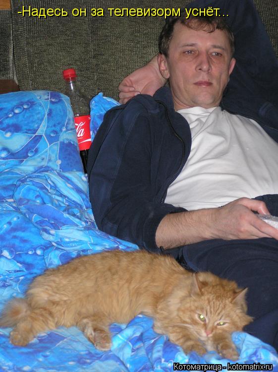 -Надесь он за телевизорм уснёт...... Котоматрица: -Надесь он за телевизорм уснёт...