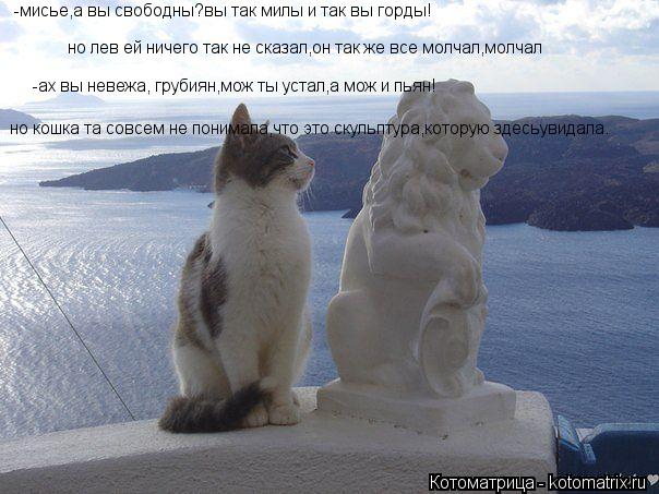 Котоматрица: но лев ей ничего так не сказал,он так же все молчал,молчал -мисье,а вы свободны?вы так милы и так вы горды! -ах вы невежа, грубиян,мож ты устал,а