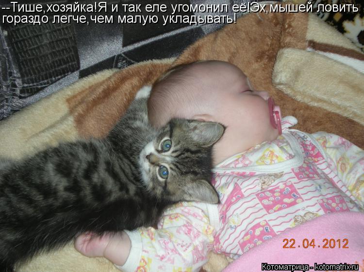 Котоматрица: --Тише,хозяйка!Я и так еле угомонил её!Эх,мышей ловить гораздо легче,чем малую укладывать!