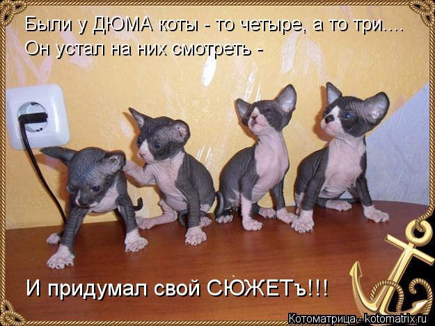 Котоматрица: Были у ДЮМА коты - то четыре, а то три.... Он устал на них смотреть -  И придумал свой СЮЖЕТъ!!!