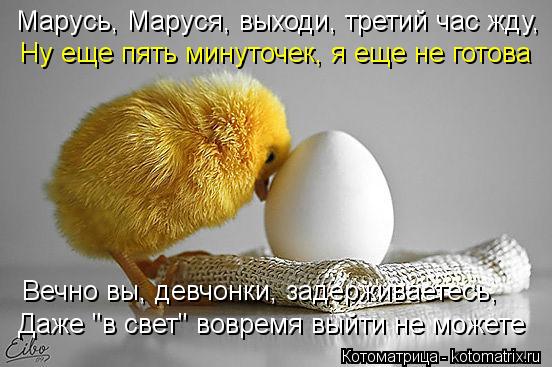 Марусь, Маруся, выходи, третий час жду, Ну еще пять минуточек, я еще не готова Вечно вы, девчонки, за... Котоматрица: Марусь, Маруся, выходи, третий час жду, Ну еще пять минуточек, я еще не готова Вечно вы, девчонки, задерживаетесь, Даже "в свет" вовремя выйти н