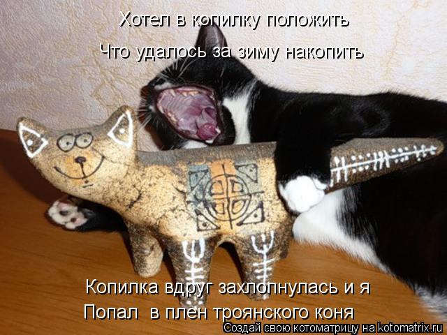 Котоматрица: Хотел в копилку положить Что удалось за зиму накопить  Копилка вдруг захлопнулась и я  Попал  в плен троянского коня