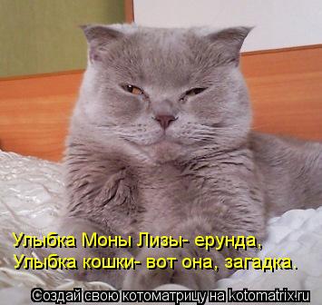 Котоматрица: Улыбка Моны Лизы- ерунда,  Улыбка кошки- вот она, загадка.
