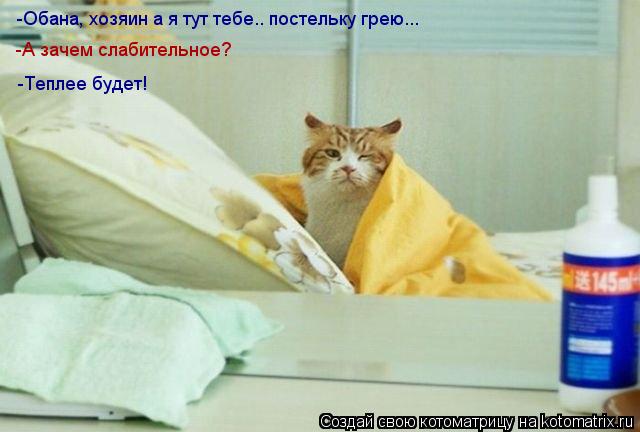 Котоматрица: -Обана, хозяин а я тут тебе.. постельку грею... -А зачем слабительное? -Теплее будет!