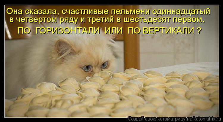 Котоматрица: Она сказала, счастливые пельмени одиннадцатый в четвертом ряду и третий в шестьдесят первом. ПО  ГОРИЗОНТАЛИ  ИЛИ  ПО ВЕРТИКАЛИ ?