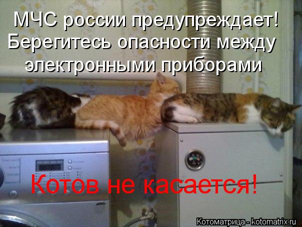 Котоматрица: МЧС россии предупреждает! Берегитесь опасности между  электронными приборами Котов не касается!