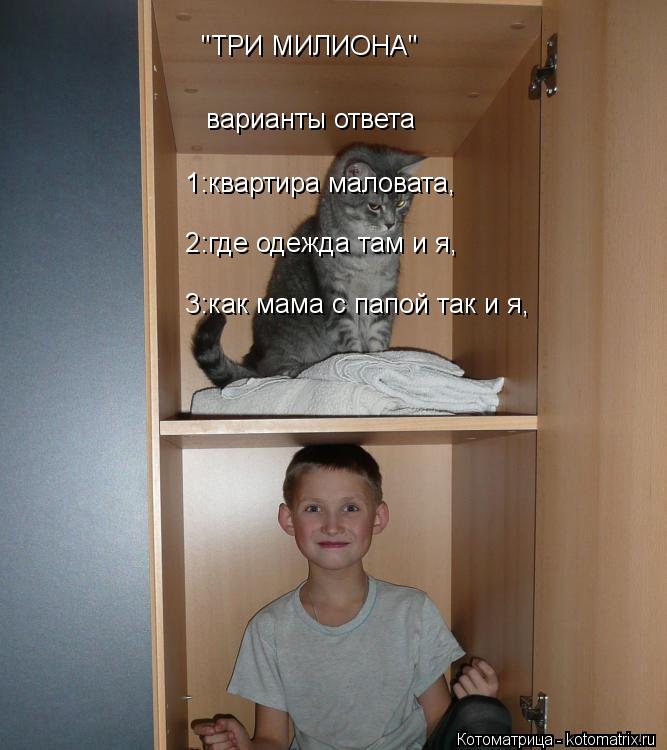 варианты ответа 1:квартира маловата, 2:где одежда там и я, 3:как мама с папой так и я, "ТРИ МИЛИОНА"... Котоматрица: варианты ответа 1:квартира маловата, 2:где одежда там и я, 3:как мама с папой так и я, "ТРИ МИЛИОНА"
