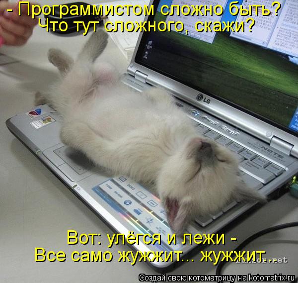 - Программистом сложно быть? Что тут сложного, скажи? Вот: улёгся и лежи - Все само жужжит... жужжит... Котоматрица: - Программистом сложно быть? Что тут сложного, скажи? Вот: улёгся и лежи - Все само жужжит... жужжит...