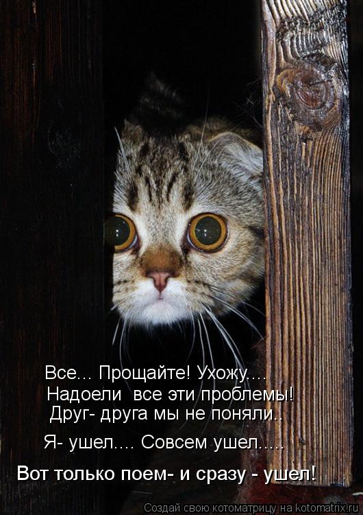 Все... Прощайте! Ухожу.... Надоели все эти проблемы! Друг- друга мы не поняли.. Я- ушел.... Совсем у... Котоматрица: Все... Прощайте! Ухожу.... Надоели все эти проблемы! Друг- друга мы не поняли.. Я- ушел.... Совсем ушел..... Вот только поем- и сразу - ушел!