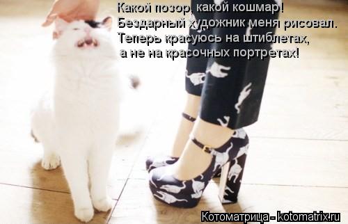 Котоматрица: Какой позор, какой кошмар! Бездарный художник меня рисовал. Теперь красуюсь на штиблетах, а не на красочных портретах!