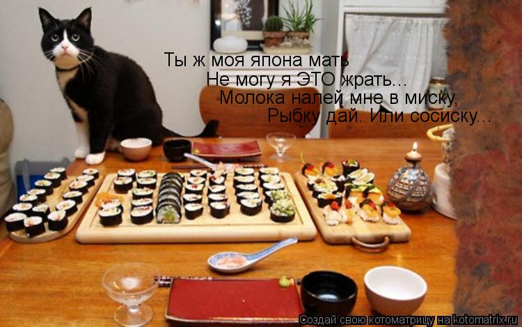 Ты ж моя япона мать Не могу я ЭТО жрать... Молока налей мне в миску, Рыбку дай. Или сосиску...... Котоматрица: Ты ж моя япона мать Не могу я ЭТО жрать... Молока налей мне в миску, Рыбку дай. Или сосиску...