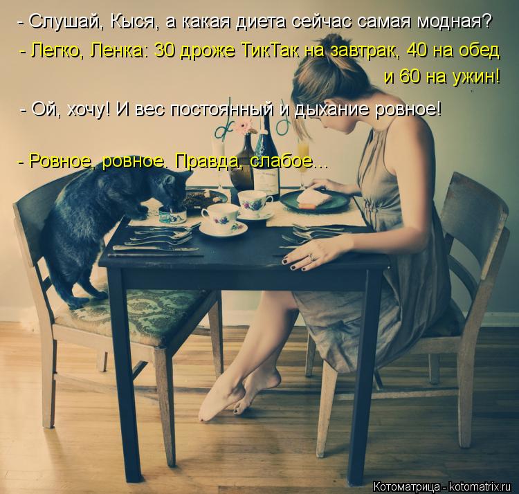 - Слушай, Кыся, а какая диета сейчас самая модная? - Легко, Ленка: 30 дроже ТикТак на завтрак, 40 на ... Котоматрица: - Слушай, Кыся, а какая диета сейчас самая модная? - Легко, Ленка: 30 дроже ТикТак на завтрак, 40 на обед и 60 на ужин! - Ой, хочу! И вес постоянный и д