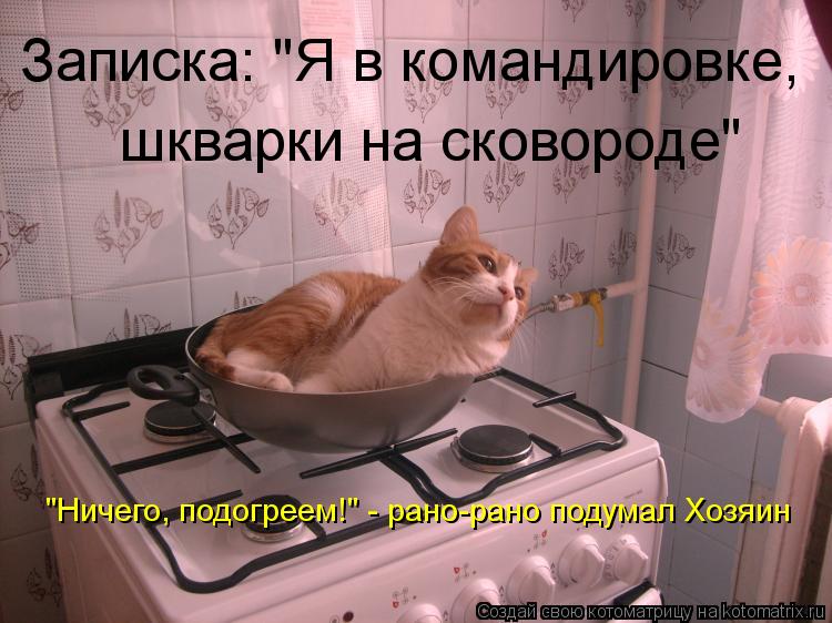 Записка: "Я в командировке, шкварки на сковороде" "Ничего, подогреем!" - рано-рано подумал Хозяин... Котоматрица: Записка: "Я в командировке, шкварки на сковороде" "Ничего, подогреем!" - рано-рано подумал Хозяин