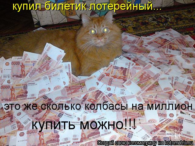 купил билетик лотерейный... это же сколько колбасы на миллион купить можно!!!... Котоматрица: купил билетик лотерейный... это же сколько колбасы на миллион купить можно!!!