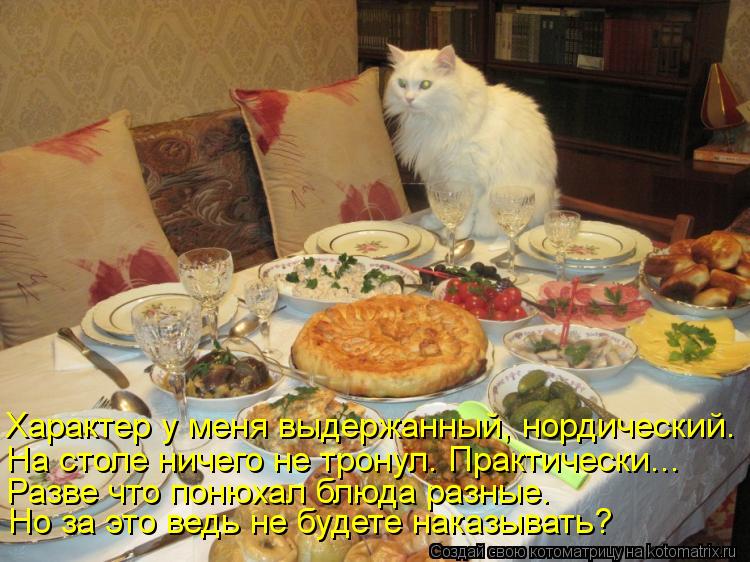 Котоматрица: Разве что понюхал блюда разные. На столе ничего не тронул. Практически... Характер у меня выдержанный, нордический. Но за это ведь не будете н