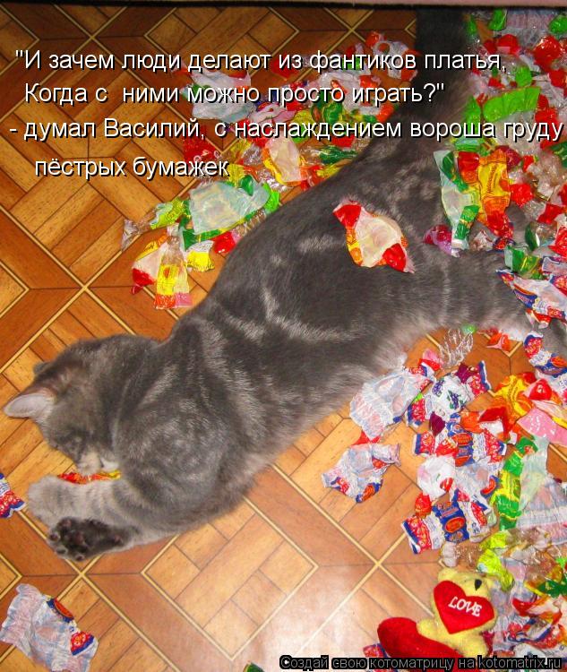 Котоматрица: "И зачем люди делают из фантиков платья, Когда с  ними можно просто играть?" - думал Василий, с наслаждением вороша груду  пёстрых бумажек