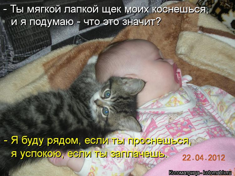 Котоматрица: - Ты мягкой лапкой щек моих коснешься,  - Я буду рядом, если ты проснешься,  я успокою, если ты заплачешь. и я подумаю - что это значит?