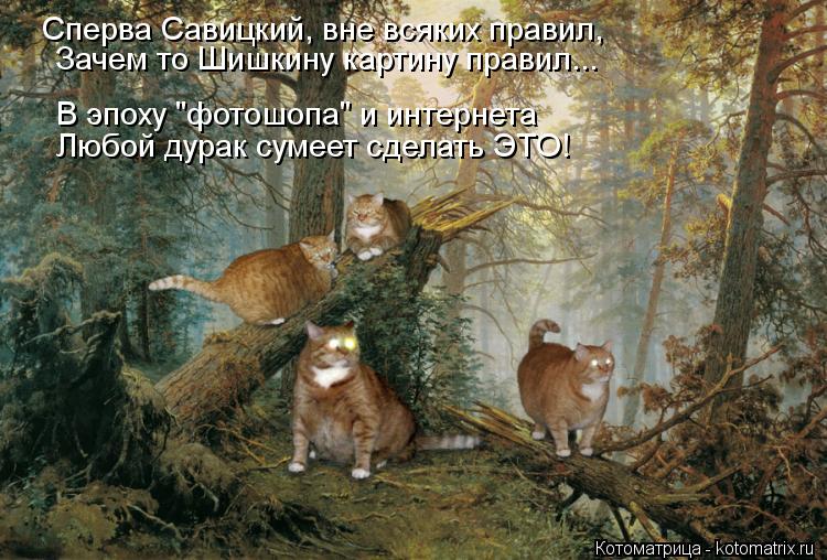 Котоматрица: Сперва Савицкий, вне всяких правил, Зачем то Шишкину картину правил... В эпоху "фотошопа" и интернета Любой дурак сумеет сделать ЭТО!